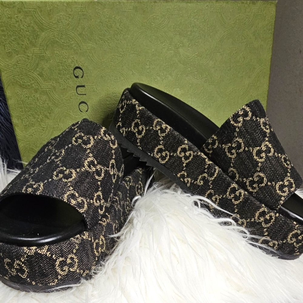 GUCCI Black Denim Angelica Platform Slides